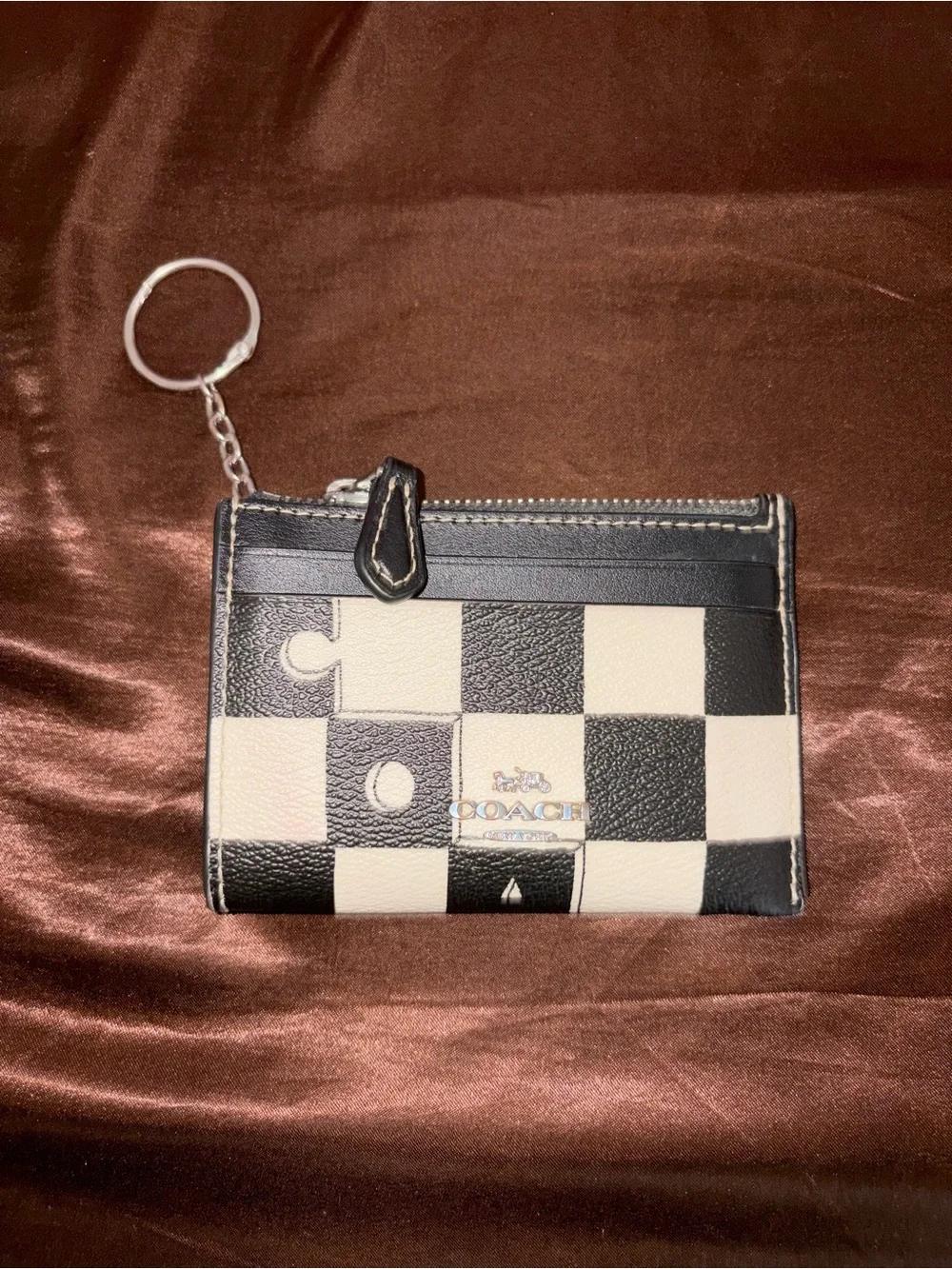 Coach Black and White Checkerboard Card Case Keyring